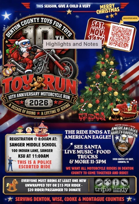 10 YEARS OF RIDING. 10 YEARS OF GIVING - Toys for Tots Toy Run event flyer