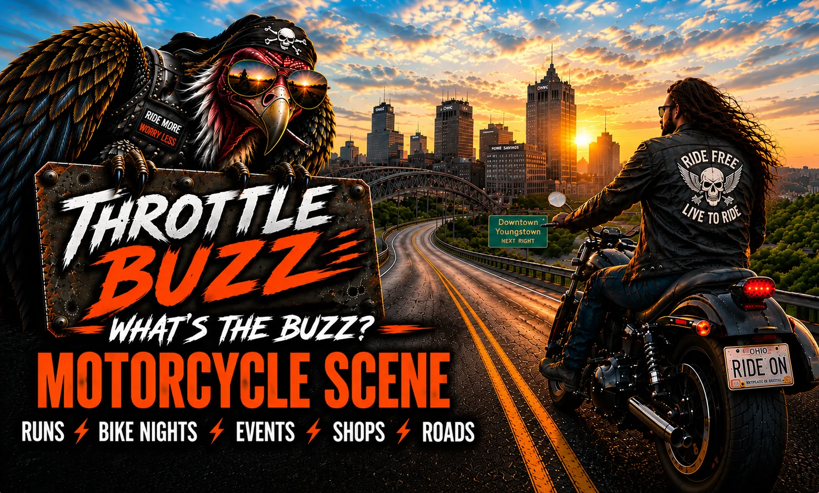 ThrottleBuzz motorcycle scene artwork featuring motorcycle events, bike nights, runs, shops and roads.